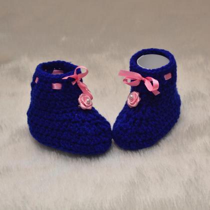 Blossom Crochet Flower Applique Booties - Blue