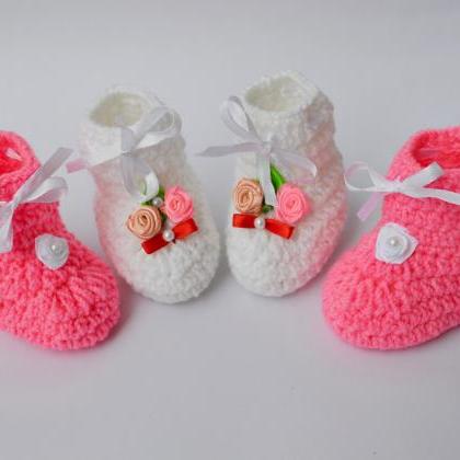 Combo Of White And Pink Baby Booties