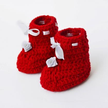 Crochet Baby Booties - Red with flo..