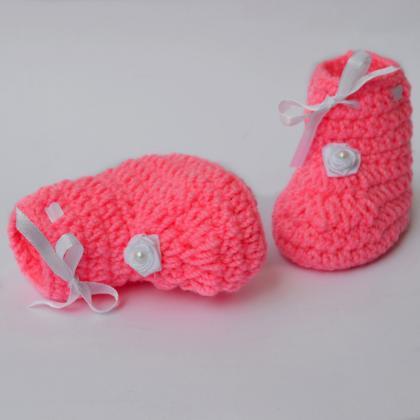 Crochet Cute Flower Baby Booties - Pink