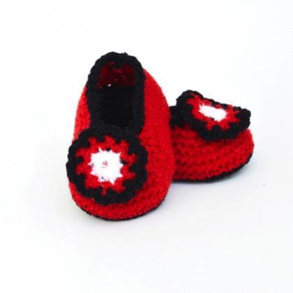 Crochet Baby Booties - Red With Black Border