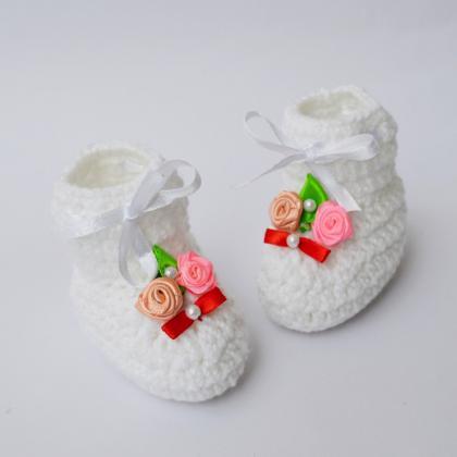 Crochet Flower Applique Baby Booties - White