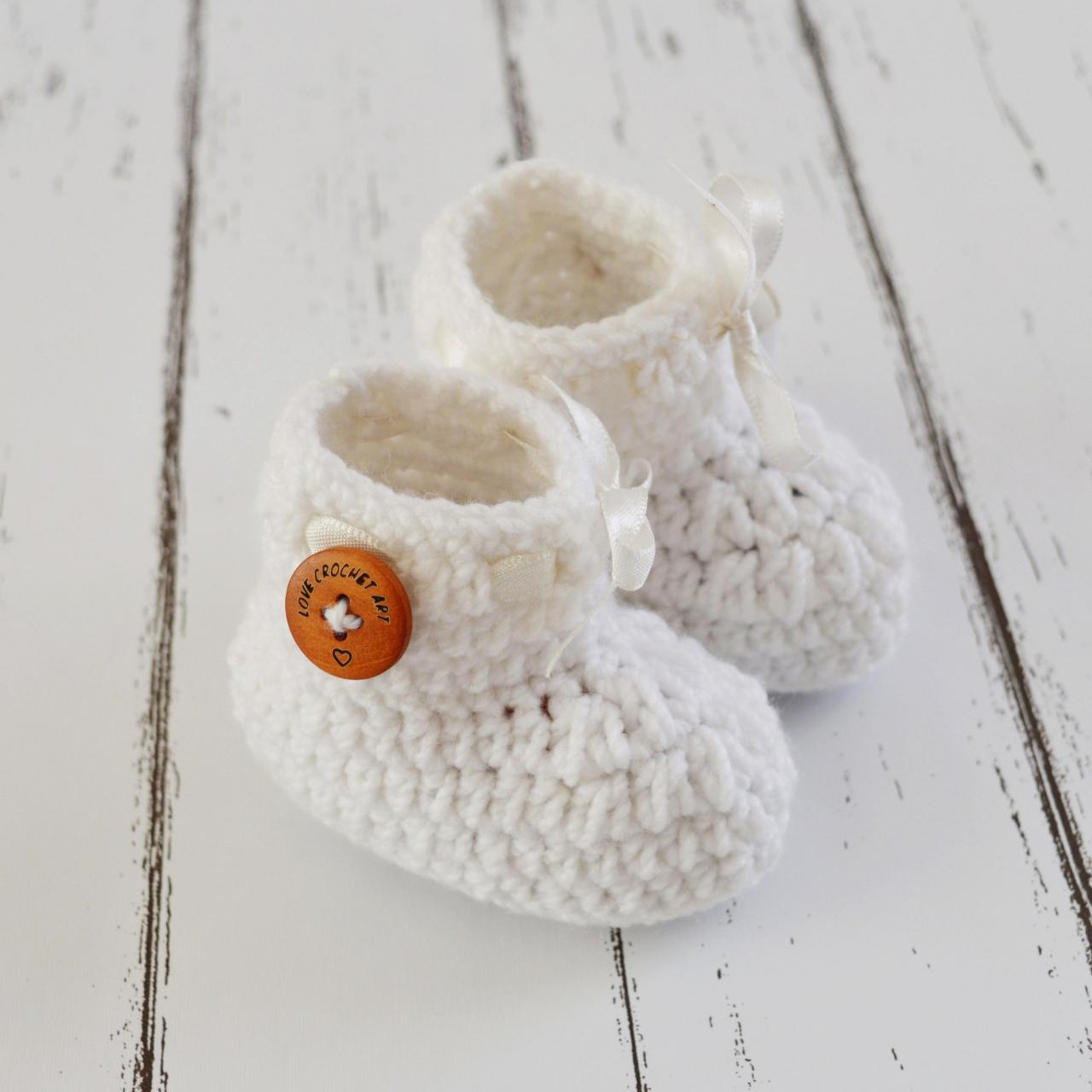 Crochet Baby Booties Woolen Booties, Newborn Infant Booties, Baptism Booties - White