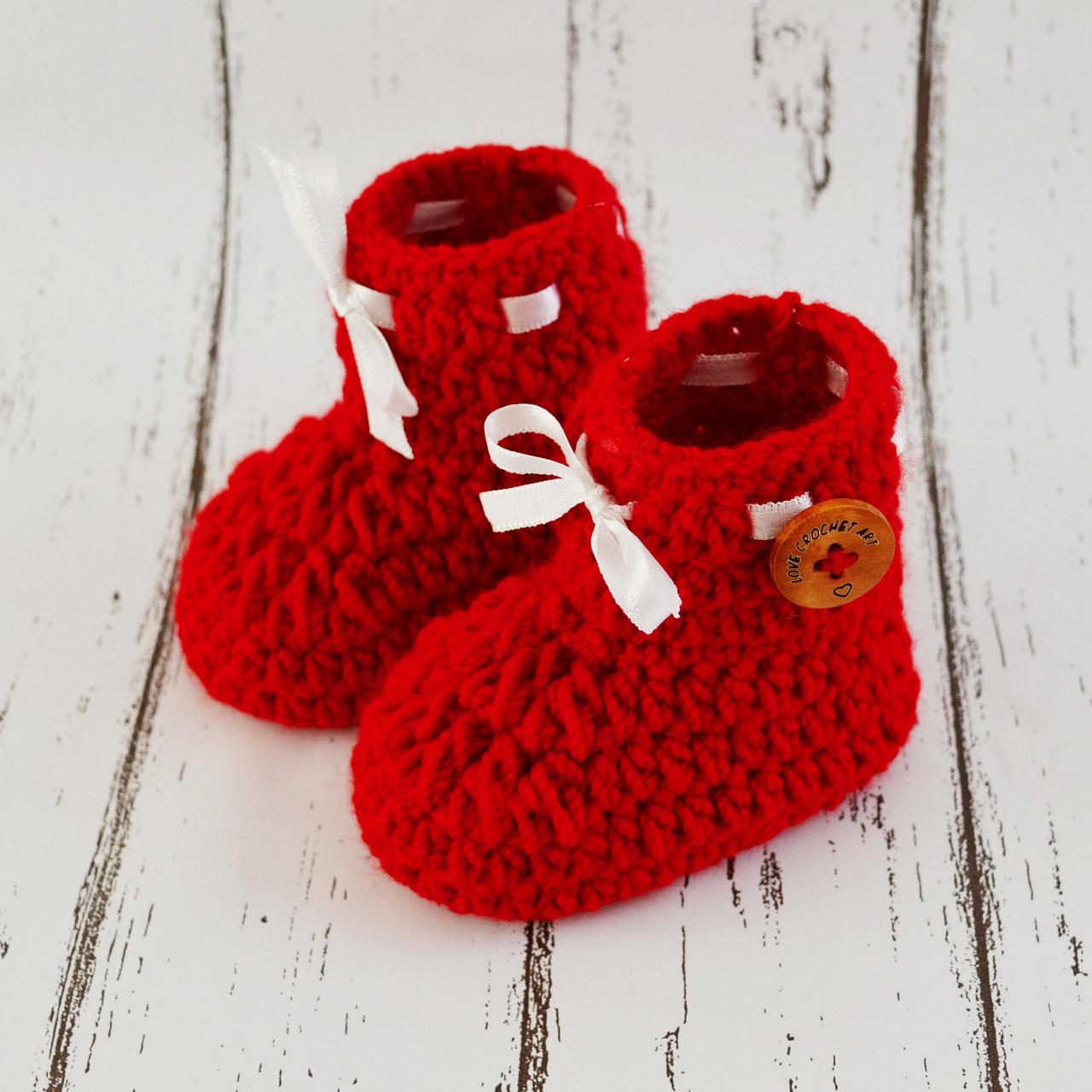 Crochet Baby Booties Woolen Booties, Newborn Infant Booties, Baptism Booties - Red