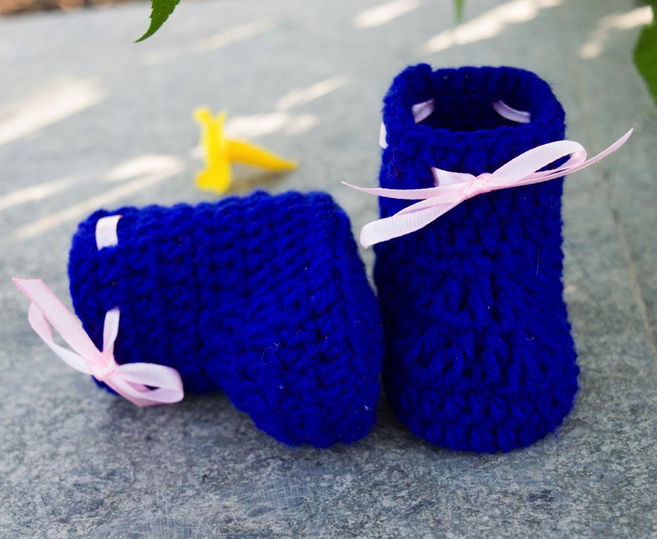 Crochet Baby Booties Woolen Booties, Newborn Infant Booties, Baptism Booties - Blue