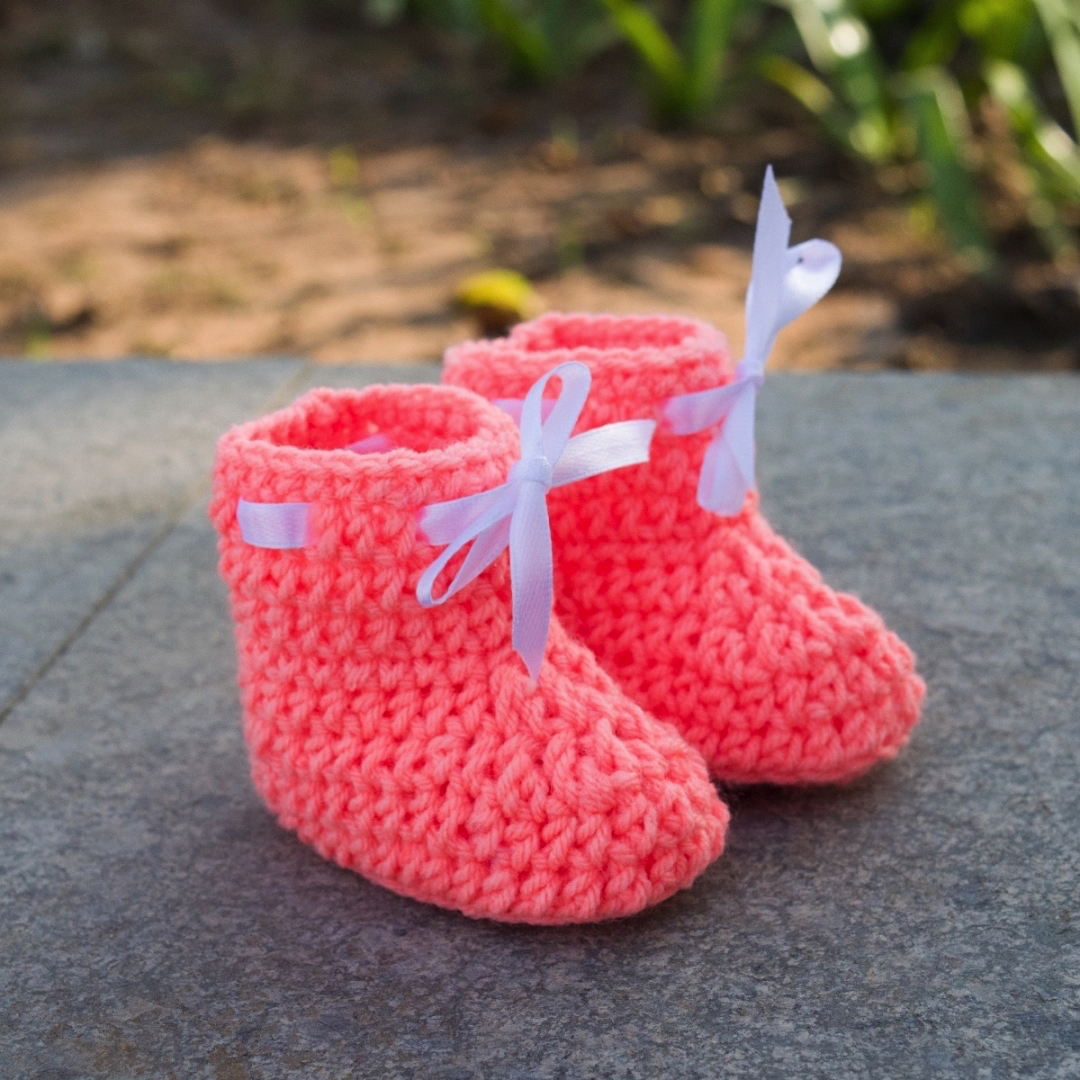 Crochet Baby Booties Woolen Booties, Newborn Infant Booties, Baptism Booties - Peach