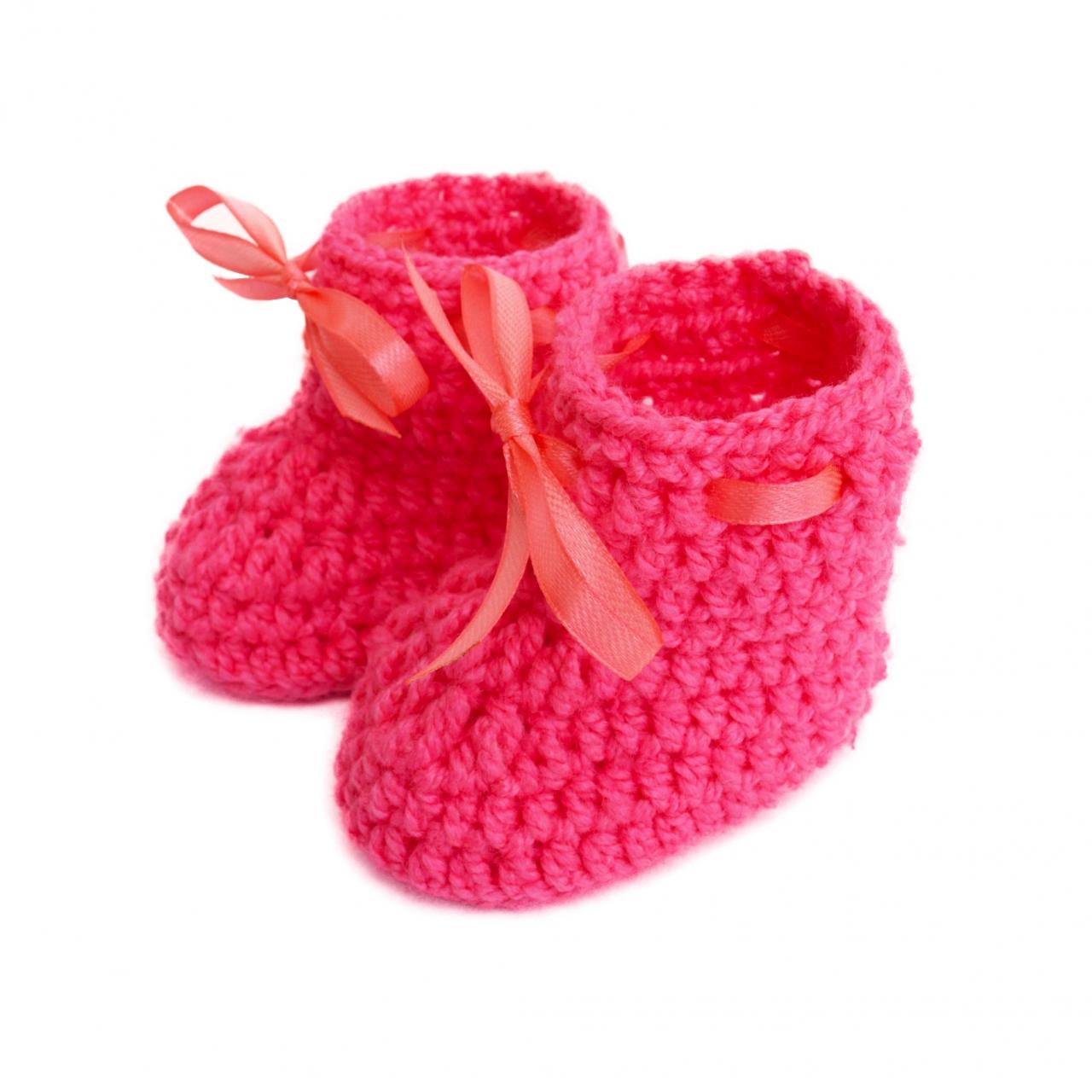 Crochet Baby Booties Woolen Booties, Newborn Infant Booties, Baptism Booties - Pink