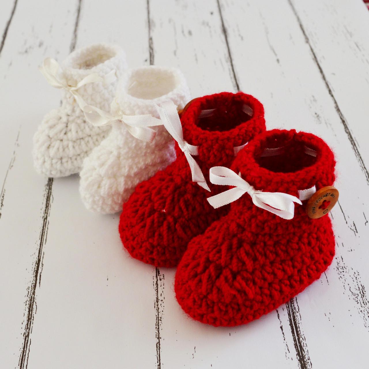 Combo of Red & White Crochet Baby Booties Woolen Booties, Newborn Infant Booties, Baptism Booties