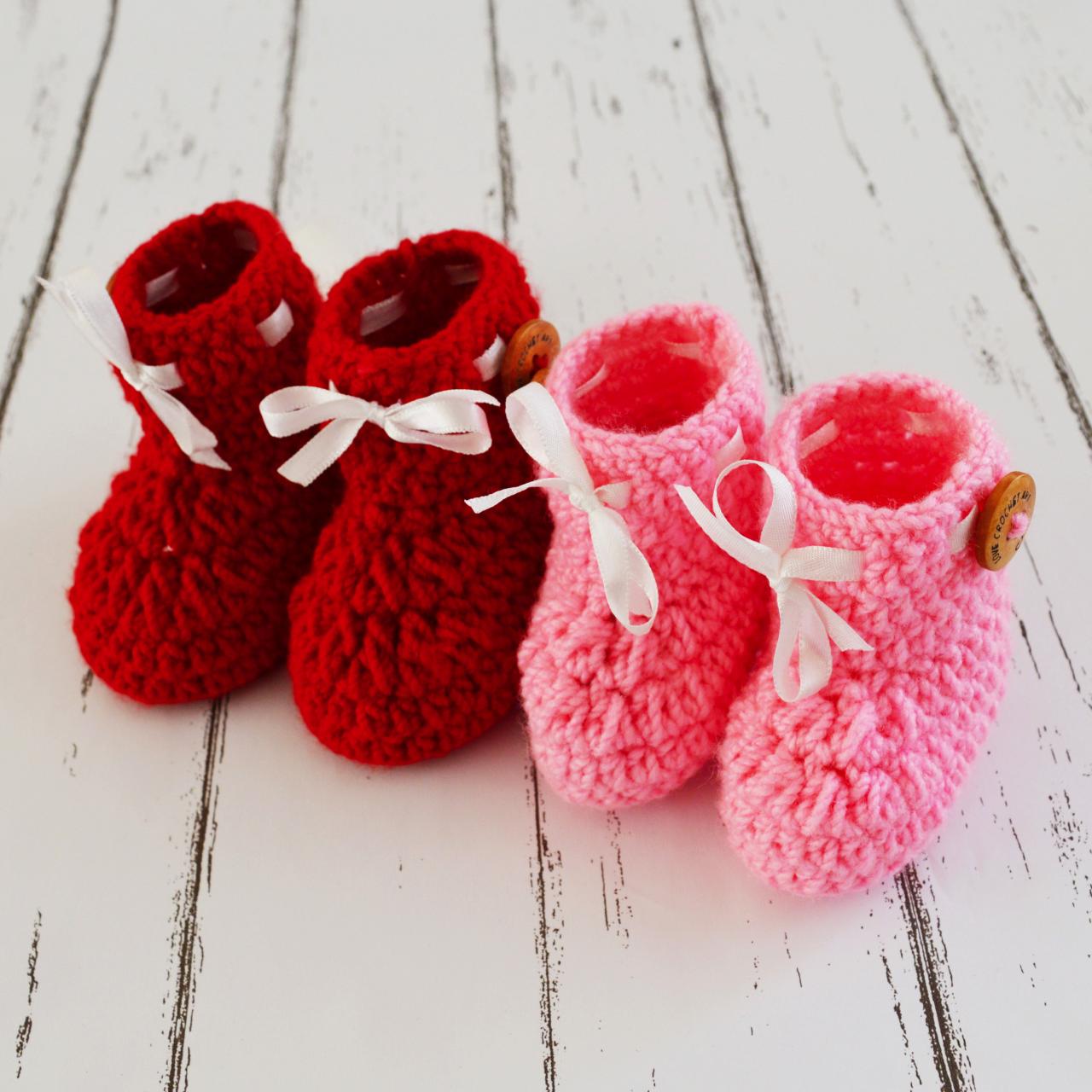 Combo Of Red & Light Pink Crochet Baby Booties Woolen Booties, Newborn Infant Booties, Baptism Booties