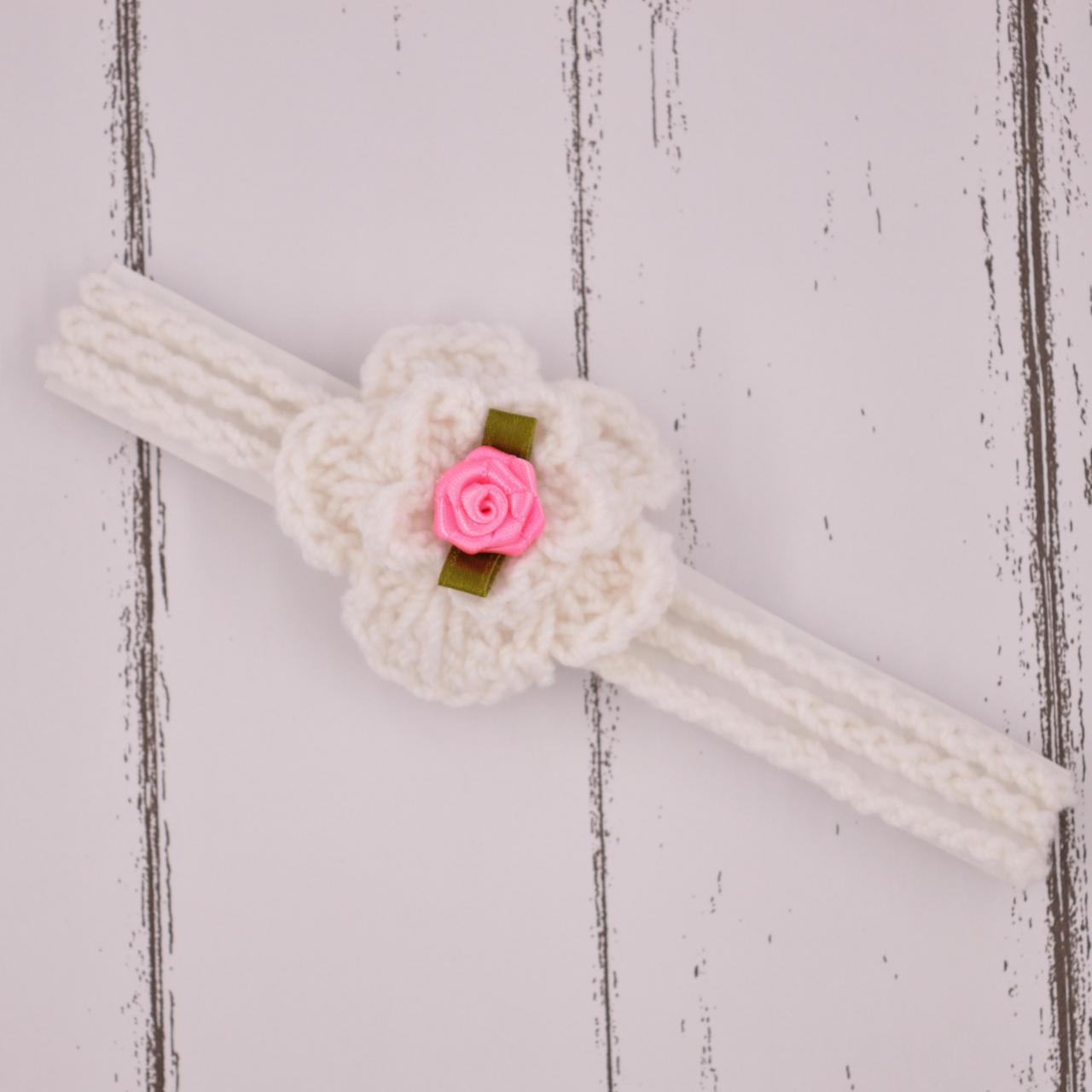 Crochet baby hairband Headband - White with pink flower applique