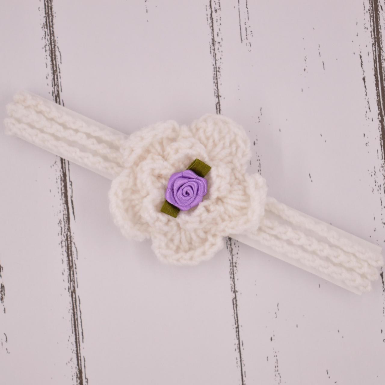 Crochet baby hairband Headband - White with purple flower applique