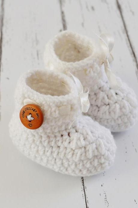 Crochet Baby Booties Woolen Booties, Newborn Infant Booties, Baptism Booties - White