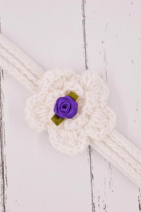 Crochet Baby Hairband Headband - White With Purple Flower Applique