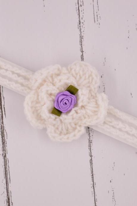 Crochet Baby Hairband Headband - White With Purple Flower Applique