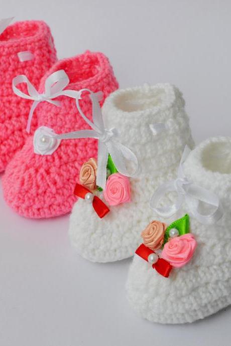 Combo of white and pink baby booties
