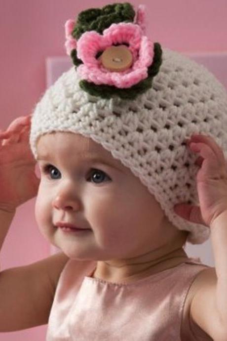 Love Crochet Art Baby's Floral Kiss Baby Beanie Cap