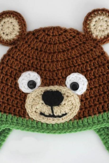 Crochet bear baby cap beanie - Brown and Green