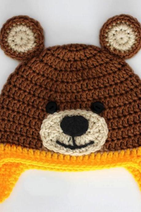 Crochet bear baby cap beanie.- Brown and Yellow